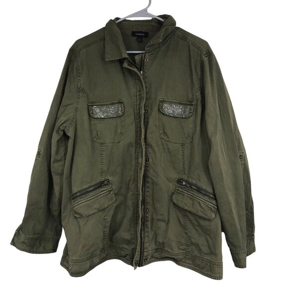 Torrid Army Green Military Cargo Jacket w/Blingy Chest Pockets, SZ 1 (14/16) - Picture 2 of 7